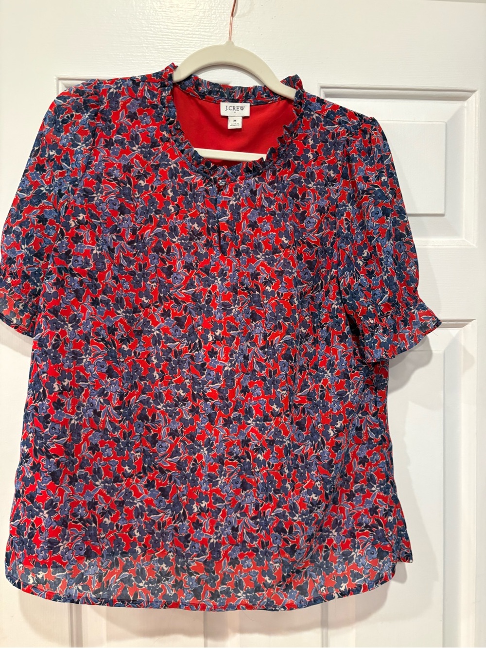 J. Crew Red & Blue Floral Ruffled Notch-Neck Blouse - Picture 4 of 5